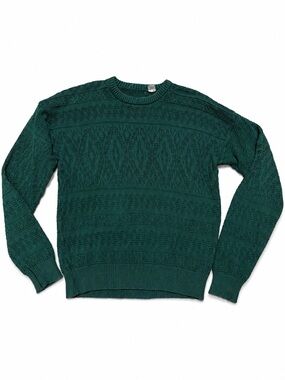 Vintage Made in Ireland Green Cotton Knit Sweater XL Crewneck Textured